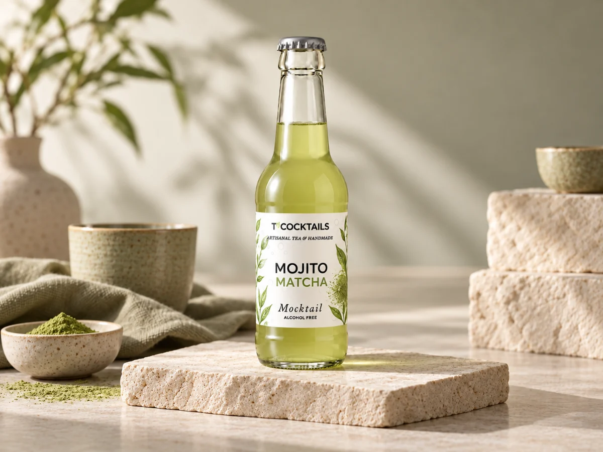 T’COCKTAILS Mojito Matcha posé sur une pierre, lumière naturelle