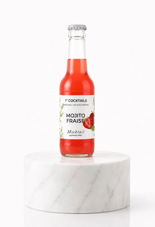 Bouteille T’COCKTAILS Mojito Fraise sur un socle en marbre