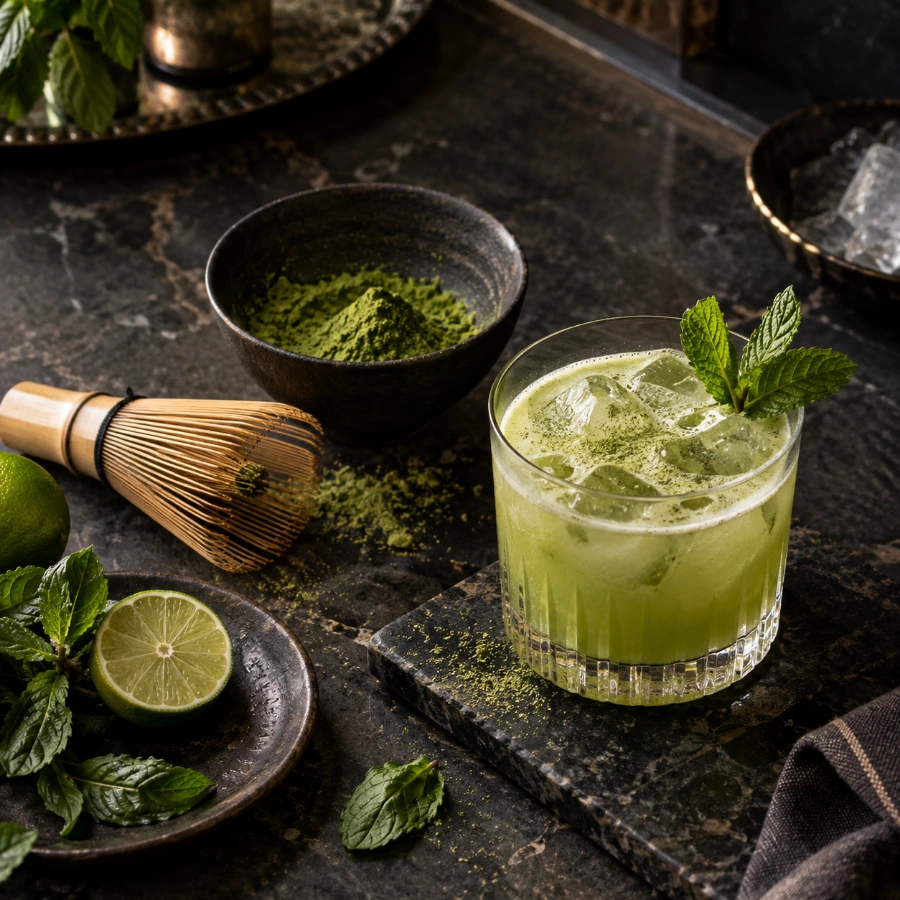 Cocktail Mojito Matcha servi sur marbre sombre, matcha et citron vert