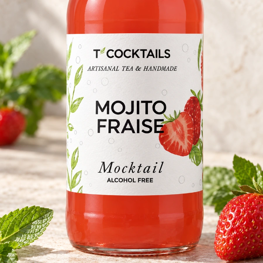 Étiquette T’COCKTAILS Mojito Fraise en gros plan, fraises et menthe