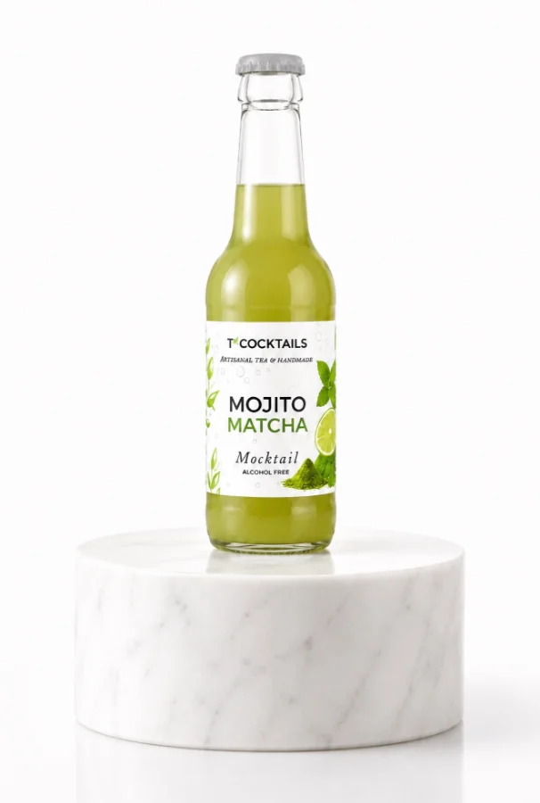 Bouteille T’COCKTAILS Mojito Matcha sur un socle en marbre