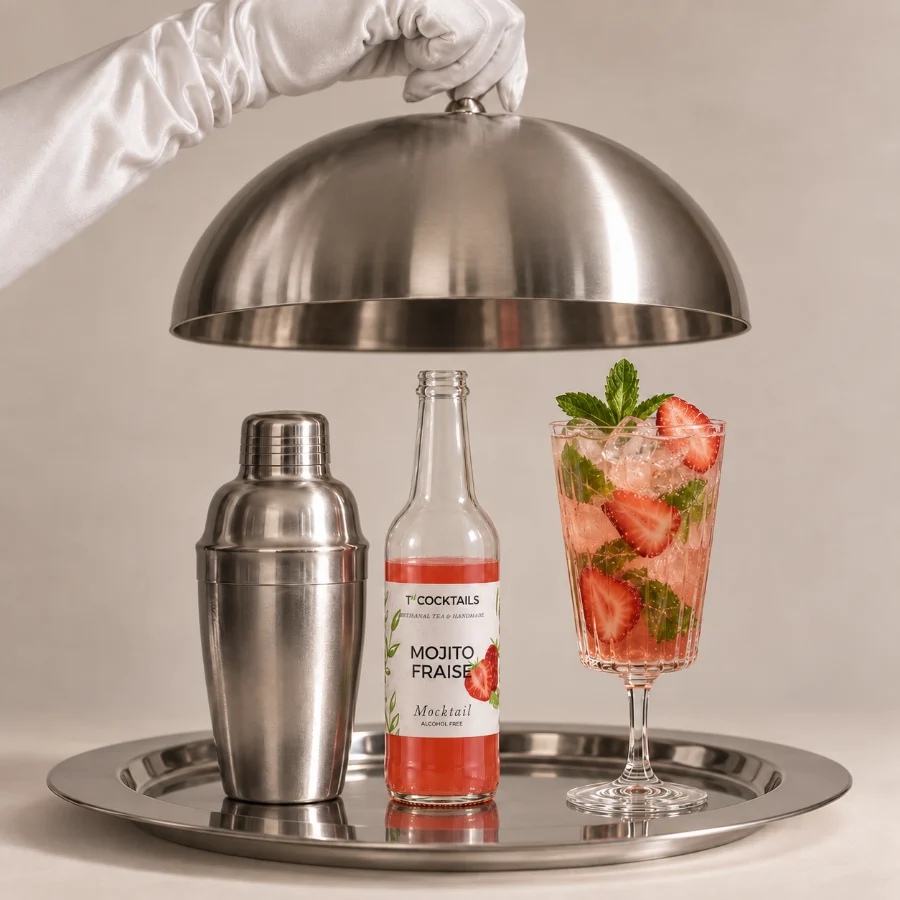 T’COCKTAILS Mojito Fraise servi sous cloche, avec shaker et cocktail