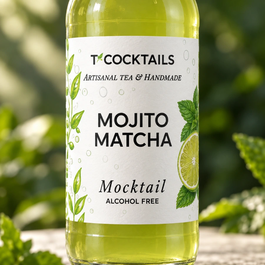 Étiquette T’COCKTAILS Mojito Matcha en gros plan, jardin en arrière-plan
