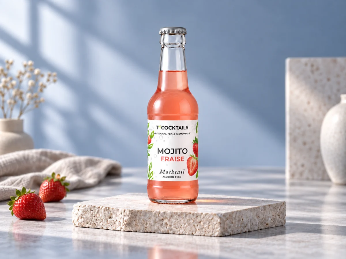 T’COCKTAILS Mojito Fraise sur une pierre, lumière bleutée et fraises