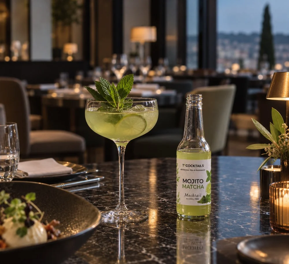 T’COCKTAILS Mojito Matcha et cocktail servi en coupe sur une table en marbre, salle de restaurant haut de gamme