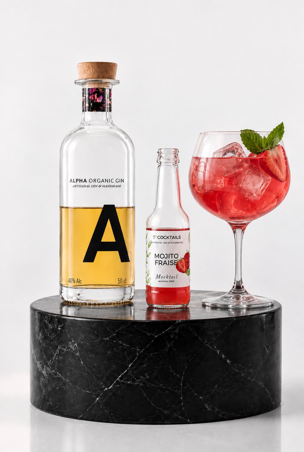 T’COCKTAILS Mojito Fraise et Alpha Organic Gin – Rêve Rose Boréal, cocktail sans alcool premium