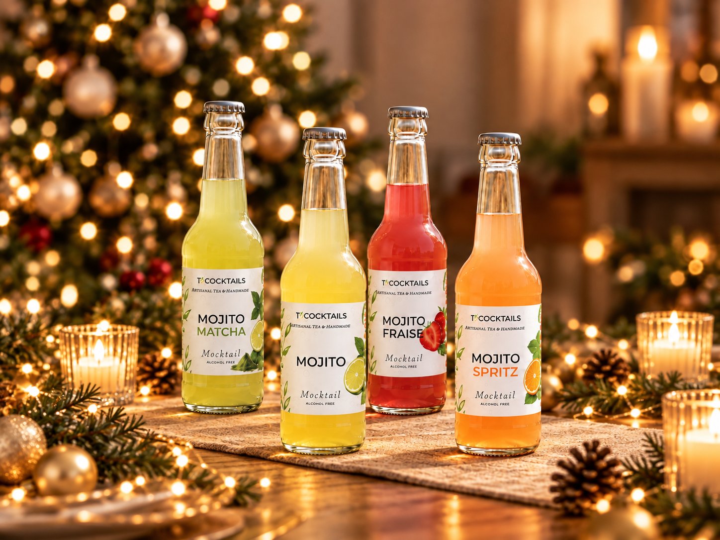Les quatre cocktails sans alcool T’COCKTAILS sur une table de Noël